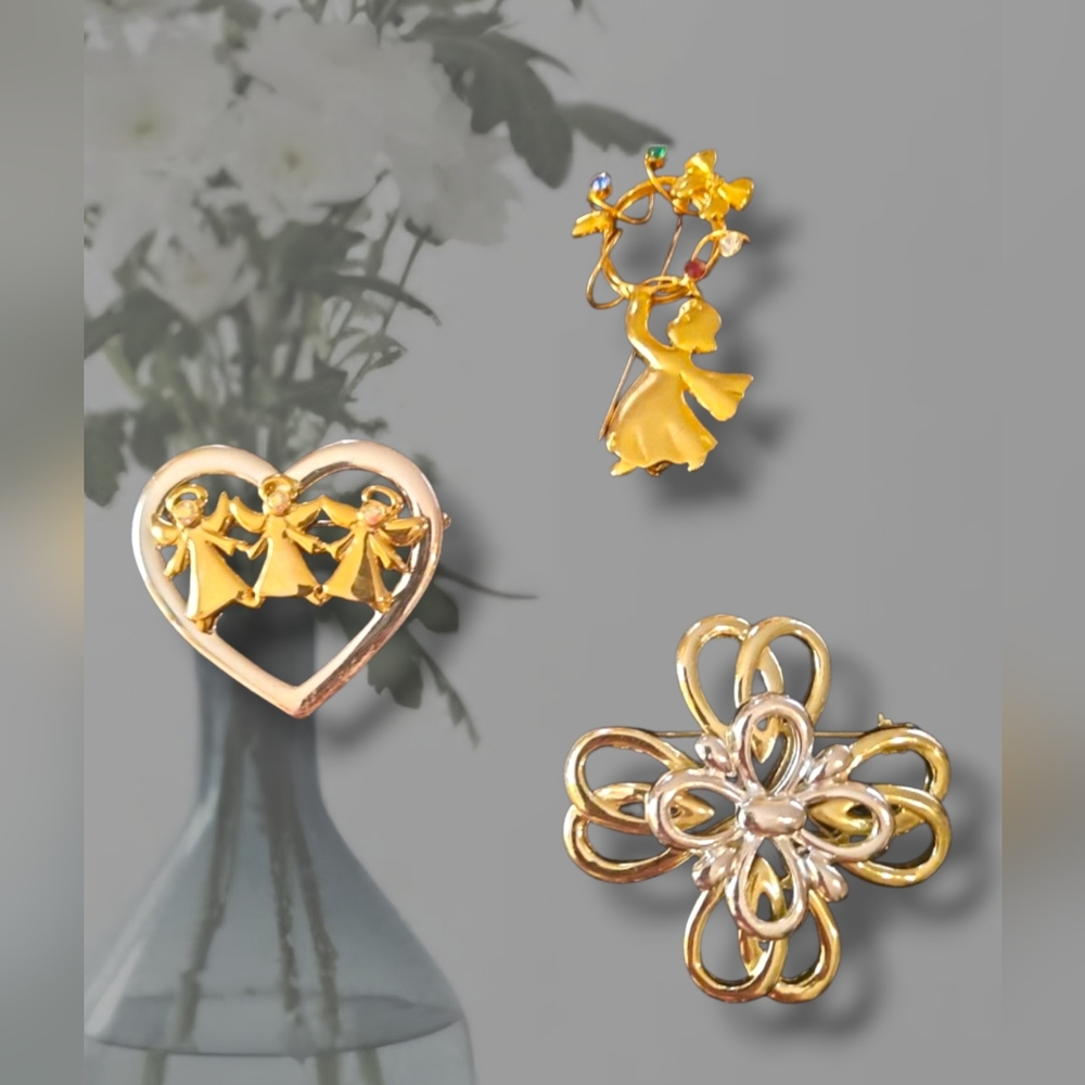 Lot 3 two-tone brooches EUC Angel Floral Heart Rhinestone Vintage